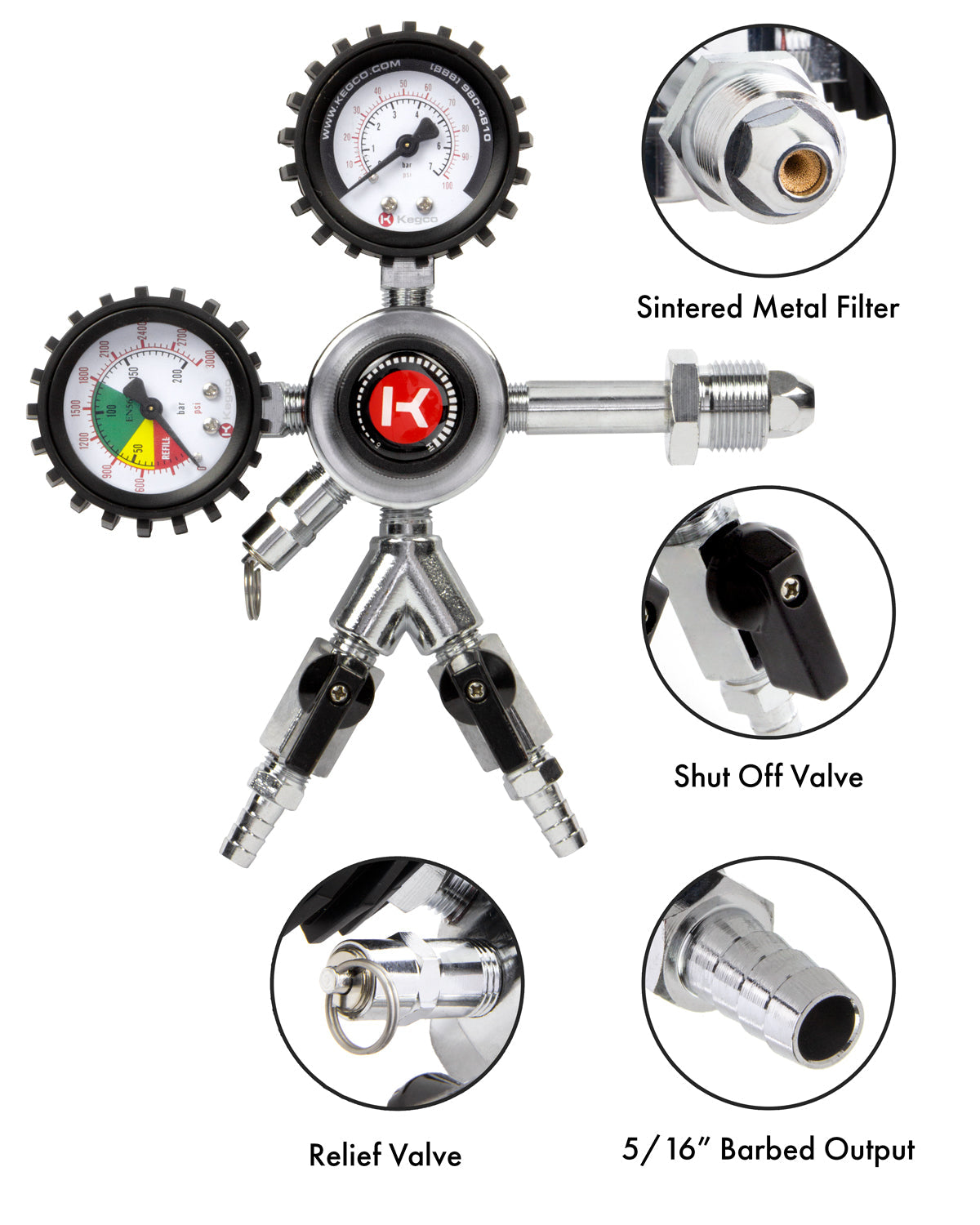 Kegco Premium Dual Gauge, 2-Stage, Two Product Nitrogen Regulator